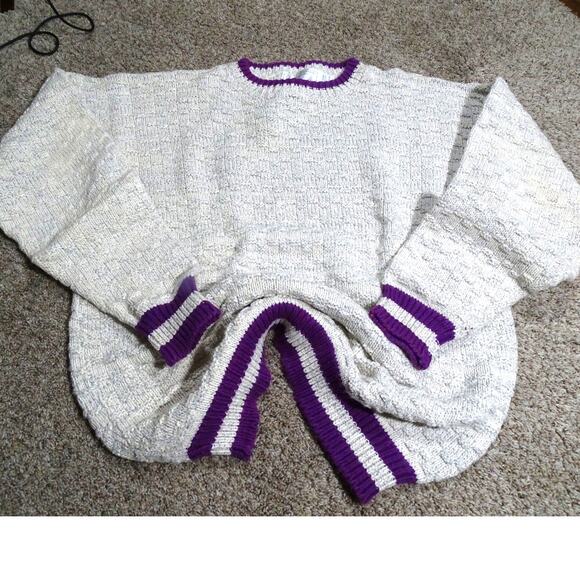 Vtg United States Sweaters 100% Cotton Knit Pullover Size Large Purple Ringer - Picture 1 of 10